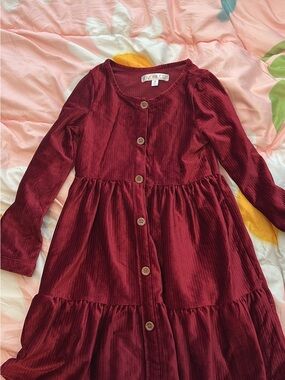 Girls' Burgundy Corduroy Button-Front Dress